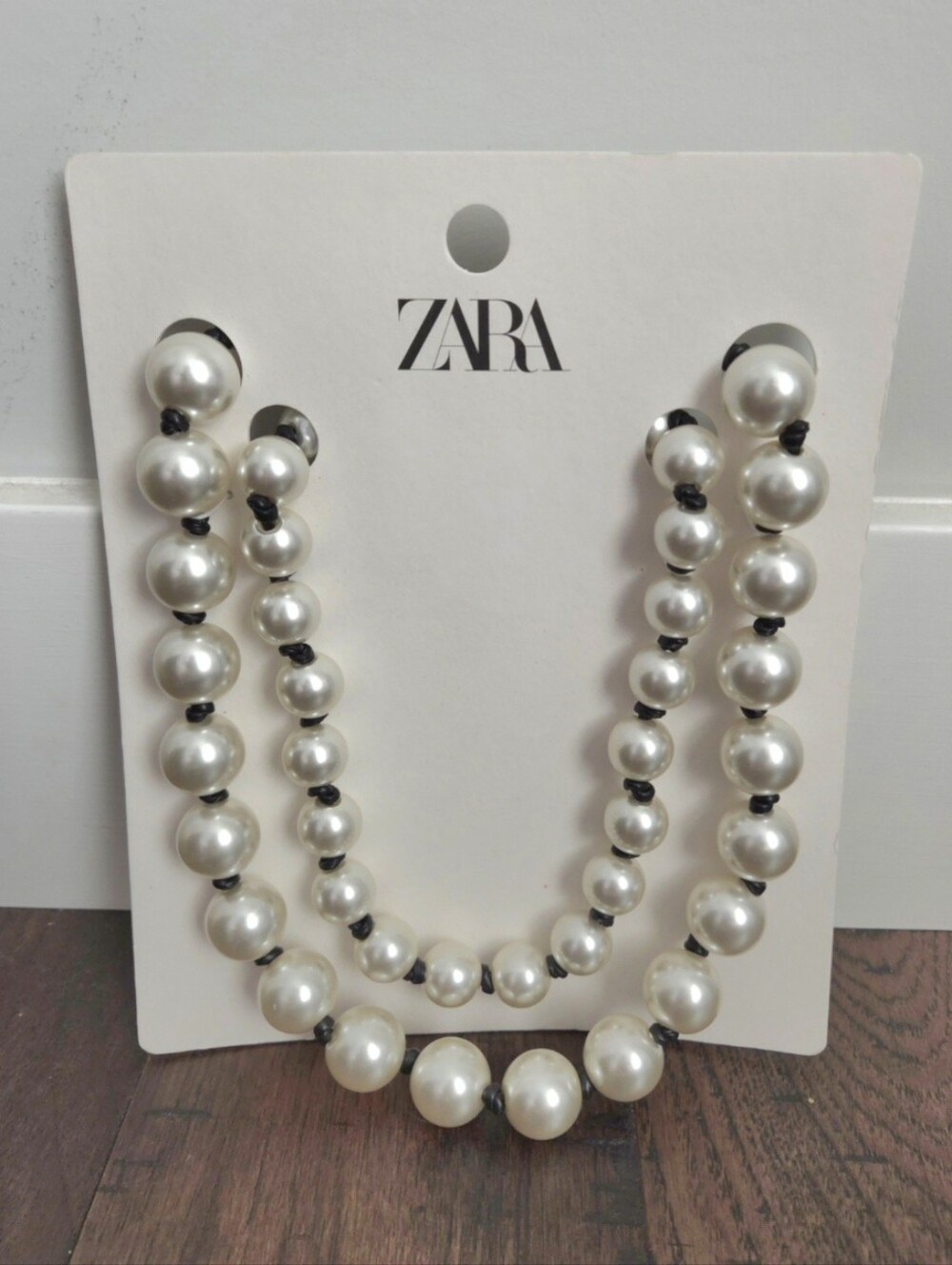 ZARA White Faux Pearl Double Strand Necklace with Black Accents. Size OS. #AH